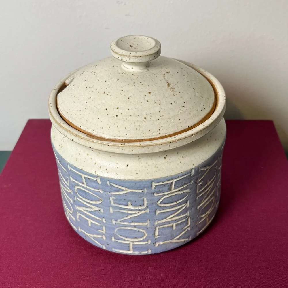Maple Shadows Pottery Speckled Gray & Blue Large HONEY pot Farmhouse Country Vtg